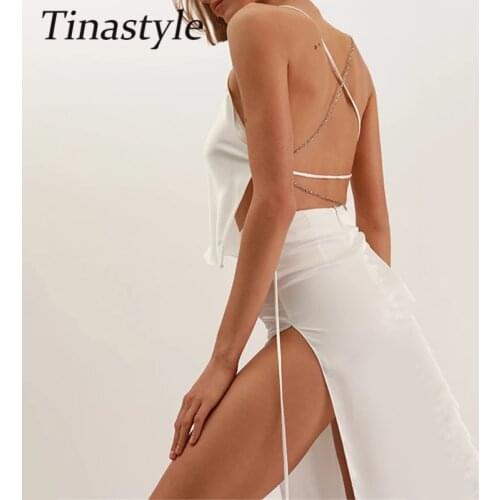 Tinastyle Solid Satin Crop Top And High Slit Skirts Women Two Piece Set Outfits Summer Backless Chains Bandage Matching Set