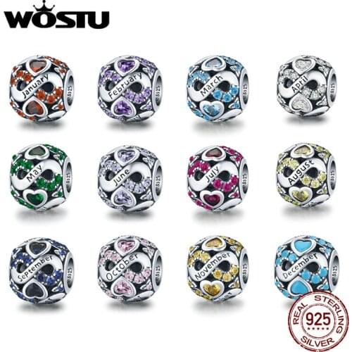 WOSTU Authentic 925 Sterling Silver Birthstone Beads Charms Pendant Fit Original Bracelets Bangles Women DIY Fine Jewelry Gift