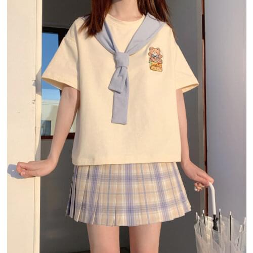 Skirt Suit Female 2021 New Summer Student Japanese Cartoon Loose T-shirt + Plaid Pleated Skirt Two-piece Suit
