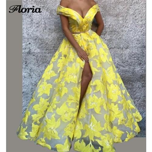 African Sexy Yellow Split Lace Evening Dresses Robe de soiree Aibye Muslim Turkish Long Prom Pageant Dress Abendkleider 2018