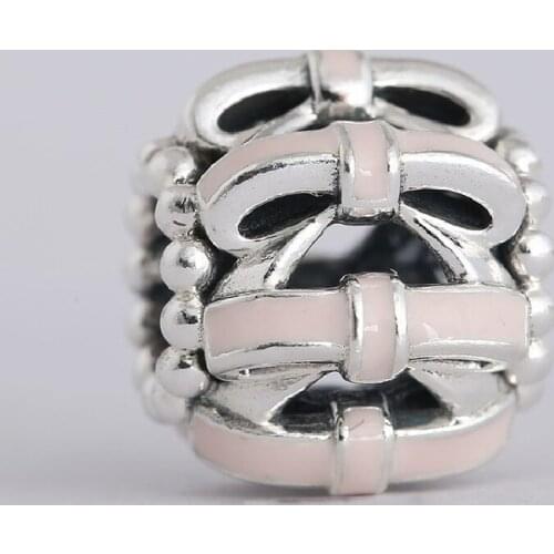 Winter New Pink Enamel Openwork Bow knot Charm Beads 925 Sterling Silver Christmas Gift Charms Fits Pandora Charm Bracelets