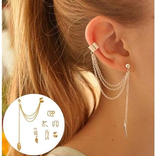 70% Hot Sale Clip Earring Fake Cartilage Earring For Women Gold Color Chain No Piercing Clip Earrings Set Earcuff Jewelry 2021