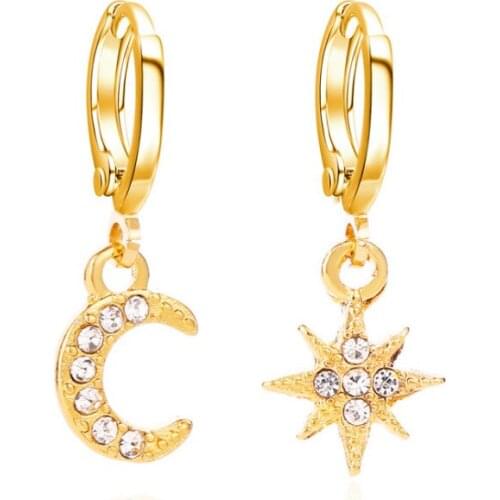 New Fashion Silver Color Asymmetrical Star Moon Earrings Crystal Charms Stud Earrings For Women Girls Jewelry Gift