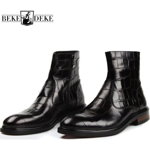 2020 New British Style Crocodile Pattern Genuine Leather Boots Men Business Casual Dress Shoes Round Toe Cowskin Boots