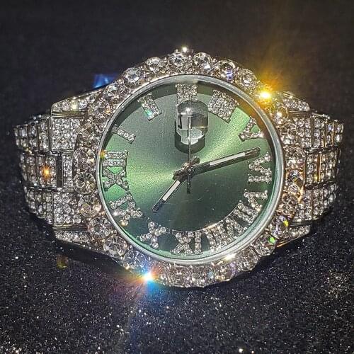 Hip Hop MISSFOX Roman Top Brand Luxury Green Iced Out Waterproof Boss Mens Watches Automatic Date Mens Watch Quartz Wristwatch