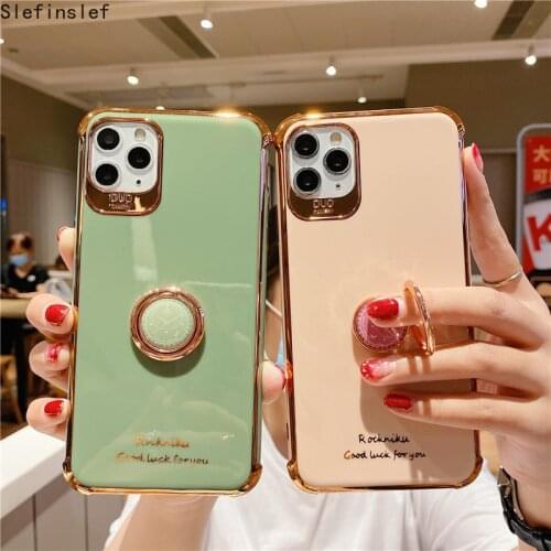 For iPhone 11 Case Luxury Gold Plated Electroplated Phone Holder Ring Cases for iPhone 12 Pro Max 8 Plus 7 xs XR Silicone Cover