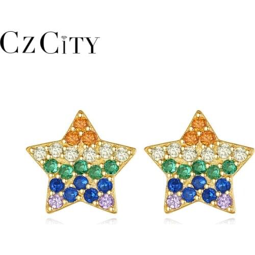 CZCITY Cute Star Stud Earrings for Women Girls Multicolor Cubic Zircon 925 Silver Fine Jewellery Christmas Gifts Brincos NCE-075