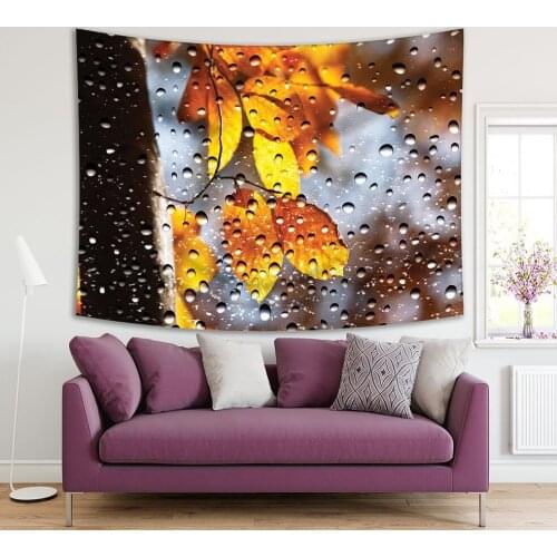 Tapestry Leaves through Window Glass Covered by Raindrops Autumn Colors Brown Orange Romantic View Printed