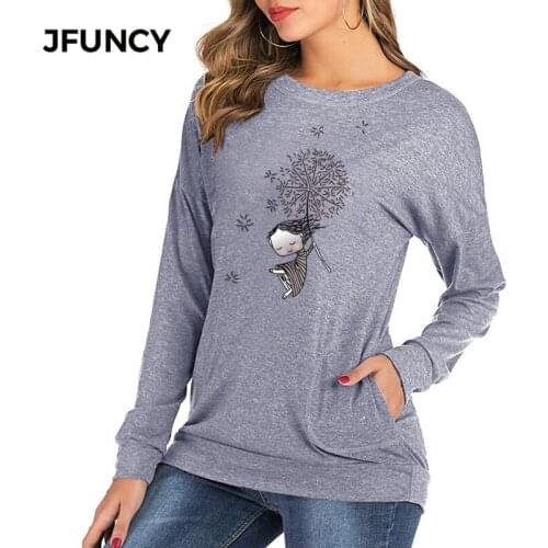 JFUNCY New Dandelion Girl Print Long Sleeve Tops Spring Autumn Women T-Shirt O-Neck Loose Pullover Casual Ladies Female T Shirt