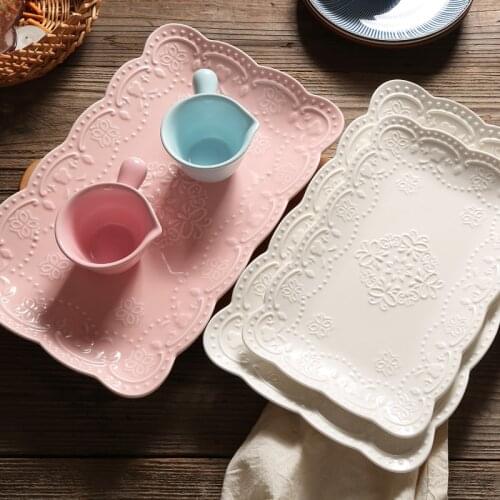 China ceramic square plate breakfast dessert dish butterfly plate dish afternoon tea fruit tray wedding European embossed home