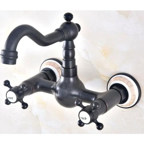 Black Oil Rubbed Antique Brass Bathroom Kitchen Sink Basin Faucet Mixer Tap Swivel Spout Wall Mounted Dual Cross Handles mnf467