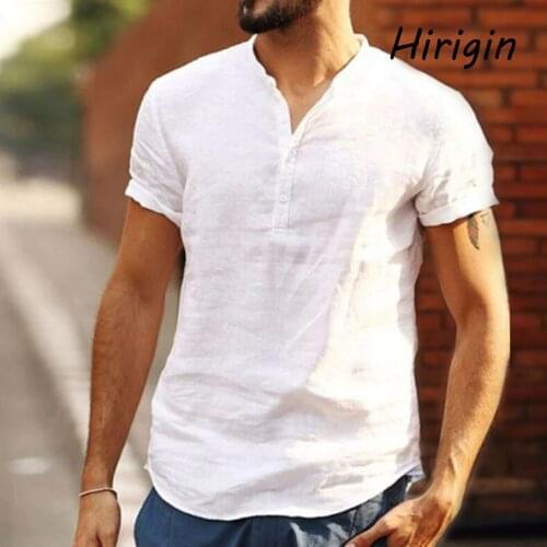 2020 New Summer Men Shirt Baggy Cotton Linen Solid Short Sleeve V-Neck Retro Top Blouse streetwear camisas hombre male blouses