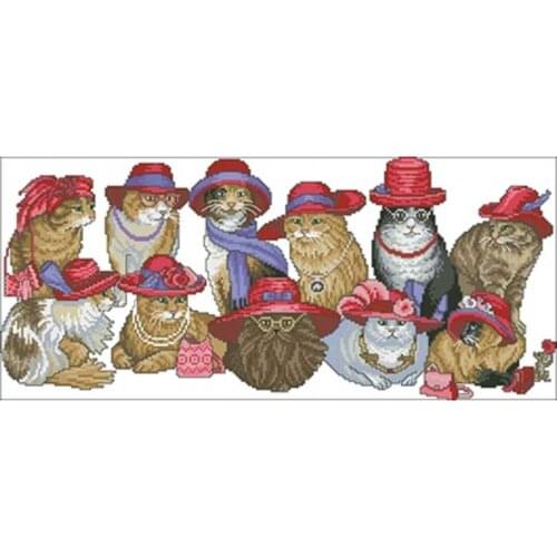 Cat family wearing red bowler hats Counted Cross Stitch 11CT 14CT 18CT DIY Chinese Cross Stitch Kits Embroidery Needlework Sets
