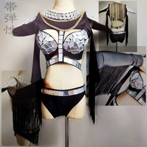 Nightclub bar future show space cosplay Black tassel sexy mirror bikini costume halloween clothing singer ballroom dance wear