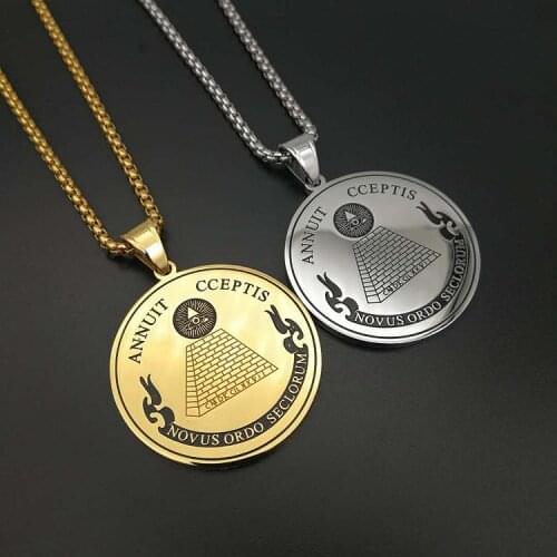 Hip hop Seeing Eye of Providence Pendants Necklaces Masonic Jewelry Round Coin Stainless Steel All for Women / Men Gold Color