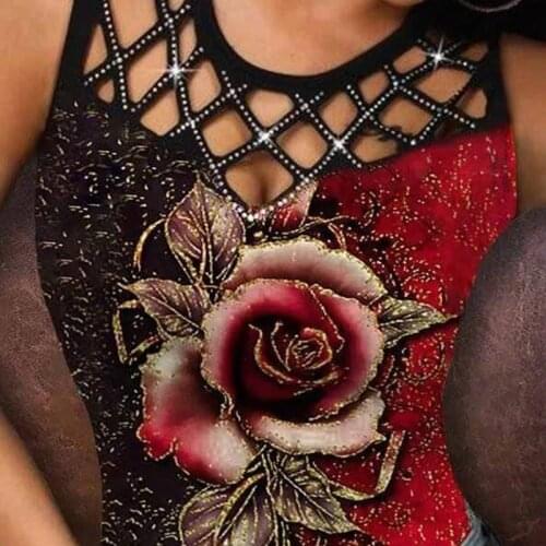 Plus Size 5XL Womens New Vest 2021 Summer Rose Print Sexy Hollow Sleeveless Top Fashion Casual Sleeveless T-shirt Y2k Top
