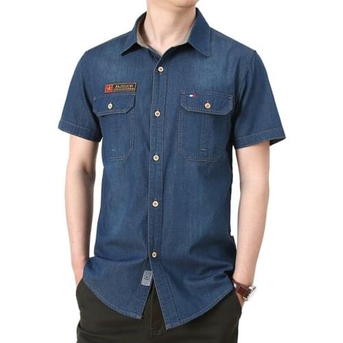 Spring Summer Denim Shirt Men Casual Shirts Retro Solid Color Short Sleeve Military Shirts for Men Big Size S-4XL Chemise Homme