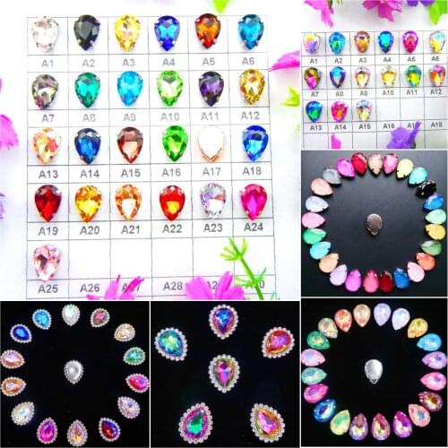 Colorful 7 sizes glass Crystal Silver claw Various colors mix water drop tear drop Sew on rhinestone beads wedding dress diy