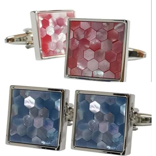 5pairs/lot Elegant Square Pearl Seashell Cufflinks Blue Pink Mother Pearl Shell Cuff Links Business Style Mens Jewelry