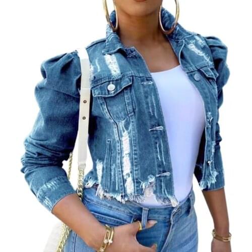 2021 Denim Jacket Women Sexy New Puff Sleeve Short Denim coat Streetwear Plus Size Casual female Jacket Blue Casual Top