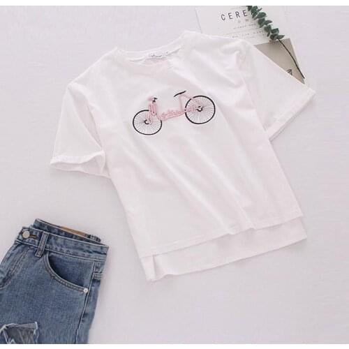 Zuolunouba 2018 New summer tops Office Lady tees cotton Short sleeve pink t shirts Female casual Bicycle print t shirts women