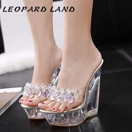LEOPARD LAND Women Glass Crystal Wedge Heel Slippers Summer Waterproof Platform non-slip Sexy Super High Heel Sandals LFD