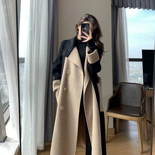 Female Niche French Style Contrast Color Elegant Double-sided Cashmere Blend Fall Winter Temperament Mid-length Wool Trench Coat
