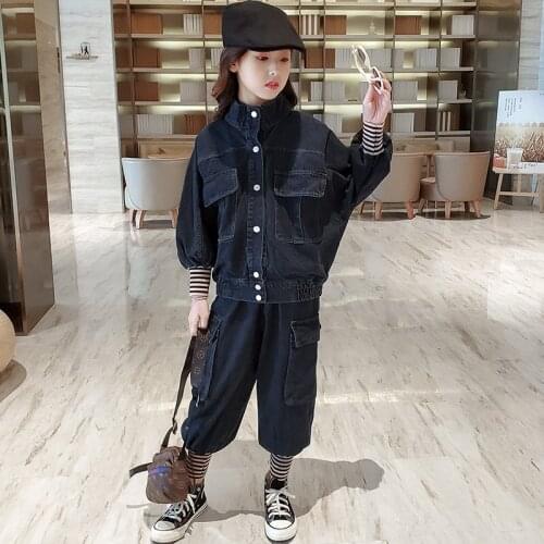 Teen Girls Clothing Set High Quality Batwing Sleeve Denim Jackets+Pants Cargo Suit for Children Tracksuit Spring Autumn Outfits