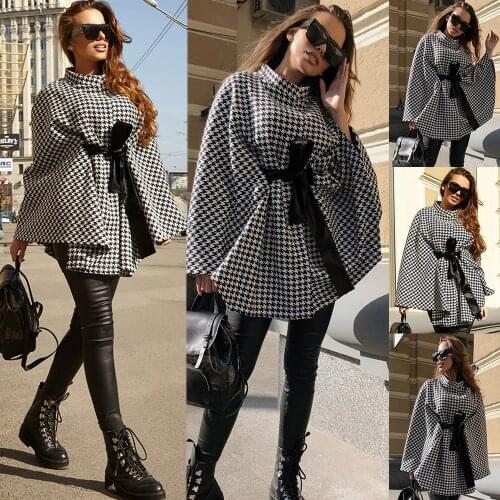 Hot Women Plaid Cape Sweater Autumn Winter Fashion Turtleneck Waist Lace-up Asymmetric Shawl Poncho Pullovers for Ladies