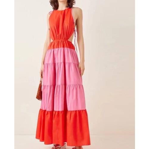 2021 Summer Fashion Bohemian Dress Women Elegant Contrast Color Patchwork Exposed Waist Design A-Line Slim Dress