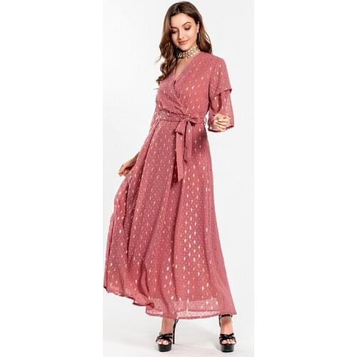 Middle Eastern Muslim Fashion Abayas Women Dubai Caftan Robe Brick Red Saudi Arabia V-neck Lace Up Long Dress Islam Clothing
