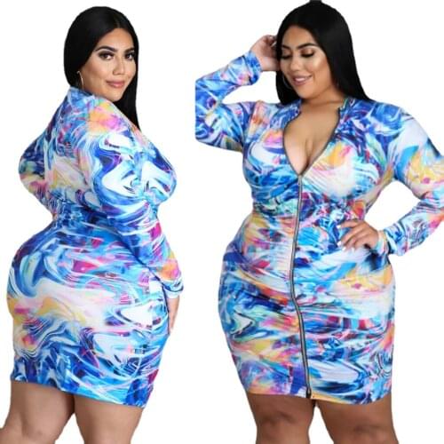 Women Sexy Fashion Bag-hip Dress Long Sleeve V-neck Club Mini Dress High Waist Multicolor Print Party Dress Plus Size Vestidos
