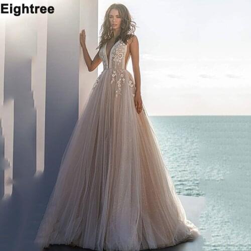 Eightree V Neck Glitter Wedding Dresses 2021 Champagne Floral Lace Bridal Dress Backless Vestido De Noiva Bohemian Wedding Gowns