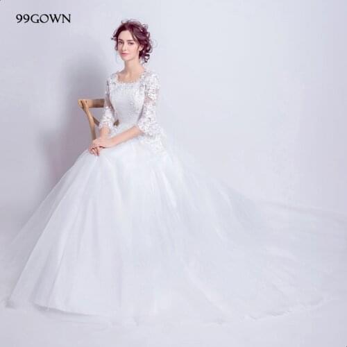 99GOWN Luxury Chapel Train Women Wedding Dress Thre Quarter Flare Sleeve Square Collar Elegant Lace Bridal Wedding Gown