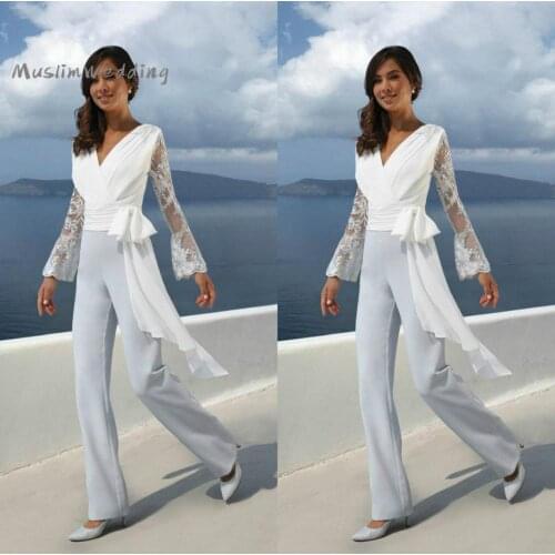 Chic Jumpsuit Prom Dresses Sexy V Neck Long Sleeve Lace Evening Dress Stylish Outfit Prom Gowns Women Party Gowns Boho Formal