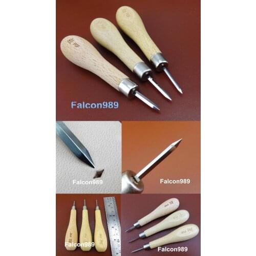 3pcs 1.5/2/2.5-3mm Leather Craft Sewing Stitching Diamond Point Awl Tool Wood Handle - Carving Stamping Knife Cutter Punch NEW