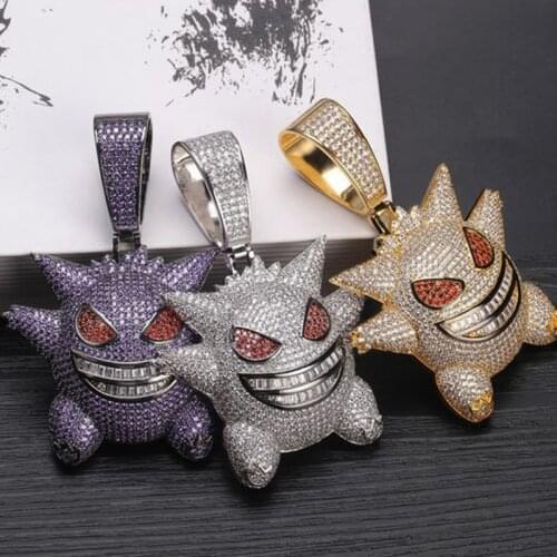 Hip Hop Necklace 3A Zircon Pokemon Geng Ghost Pendant Nekclace For Women Men Gold Sliver Chain Rope Chain Jewelry Memory Gifts
