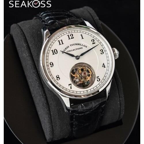 Luxury SEAKOSS SUGESS Men Tourbillon Mechanical Watch Genuine Alligator Leather Seagull ST8000 Mens Wristwatches 50m Waterproof