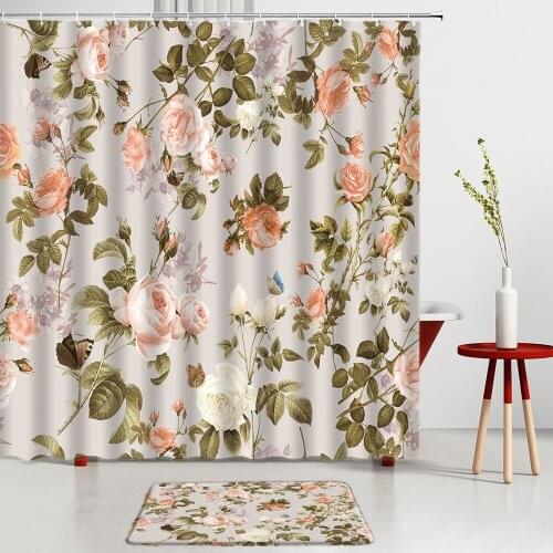 Flower Plant Bathroom Sets Retro Print Shower Curtains Bath Mats Entrance Door Mat Kitchen Room Decoration Rugs Non-Slip Carpet