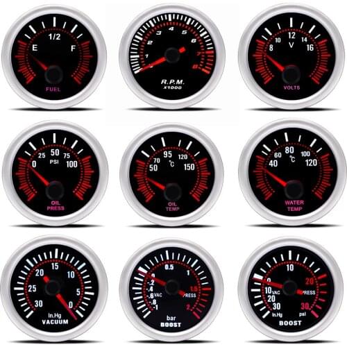 2" 52mm Smoke lens Boost gauge bar psi Vacuum Water temp Oil temp Oil press Voltmeter Fuel level Tachometer rpm gauge