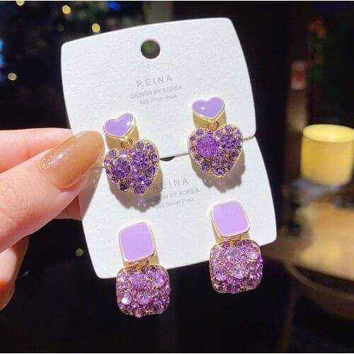 Exquisite CZ Purple Crystal Earring 2021 Korean Romantic Lady Rhinestone Heart Earrings Charm Women Valentines Day Gift Jewelry