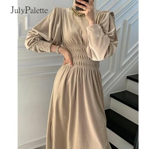 JulyPalette Elegant Turtleneck Velvet Office Ladies A-line Dress 2021 Fashion Lantern Sleeve Elastic Waist Maxi Dress Vestidos