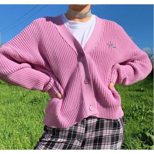 Woman Cute Pink Knitted Cardigan Angel Embroidery Loose V-Neck Autumn Sweater Female Lolita Style Y2K Out Wear Clothes