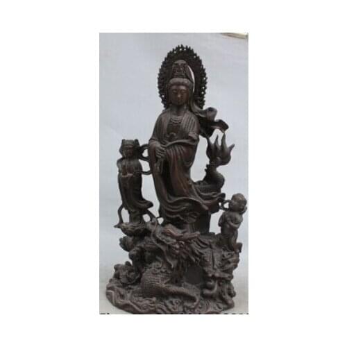 18"Chinese Bronze Stand Dragon Kwan-yin Bodhisattva Goddess Tongzi Kid Sculpture
