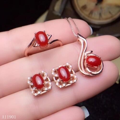 KJJEAXCMY exquisite jewelry 925 Silver-inlaid Natural Red Coral Ruby Deluxe Necklace pendant Ring Earring suit support detectio