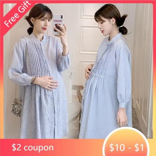 6716# New Spring Chic Striped Pleated Maternity Blouses Korean Fashion Loose Dress Clothes for Pregnant Women Ins Pregnancy Tops