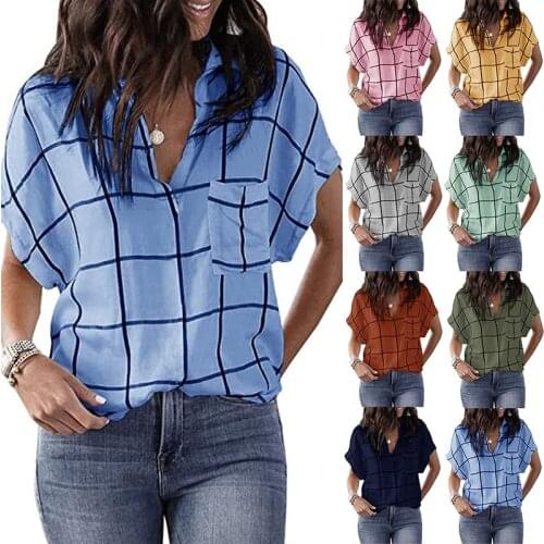 Summer New Fashion WomenS Casual Loose Check Print Short-Sleeved Pocket V-Neck Plus Size Pullover T-Shirt For Girls