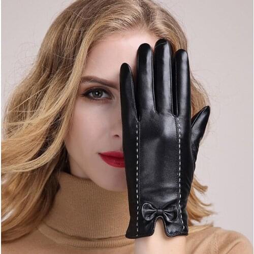 Autumn Winter Womens Genuine Leather Gloves Female Thicken Warm Sheepskin Gloves Fashion Elegant Lady Driving Glove MLZ033