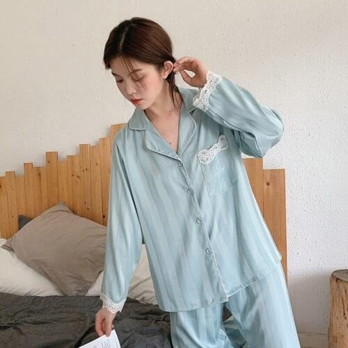 Silk Stain Korean Womens Pajamas Set Luxury Style Fashion Blue Stripes Sleepwear Couple Home Clothes Nightwear Turn-down Collar