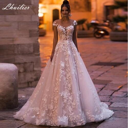 Lhuilier A Line Sparkling Wedding Dresses 2021 Scoop Neck Floor Length Bridal Gowns Court Train with Lace Appliques